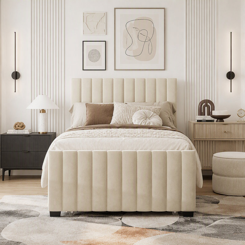 Lit plateforme tapissier en velours avec lit gigogne simple, Beige, Simple