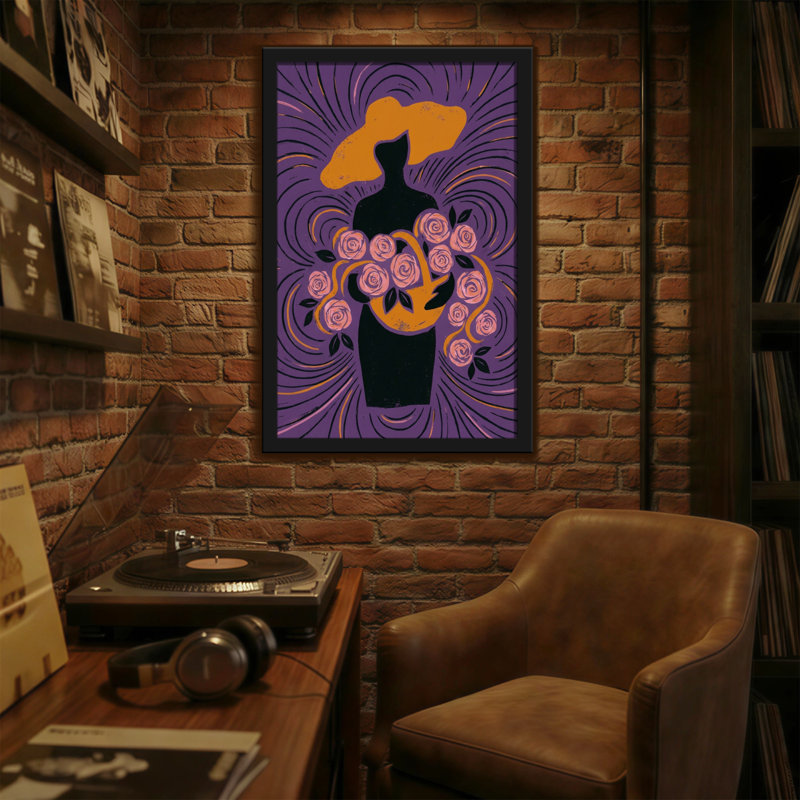 Plantes et fleurs tourbillons mauves avec silhouette noire et roses roses, H 30 po x l 20 po