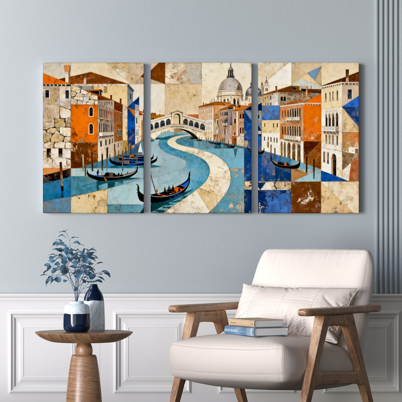 Tableau sur toile représentant une scène des canaux de Venise (lot de 3), H 30 po x l 60 po