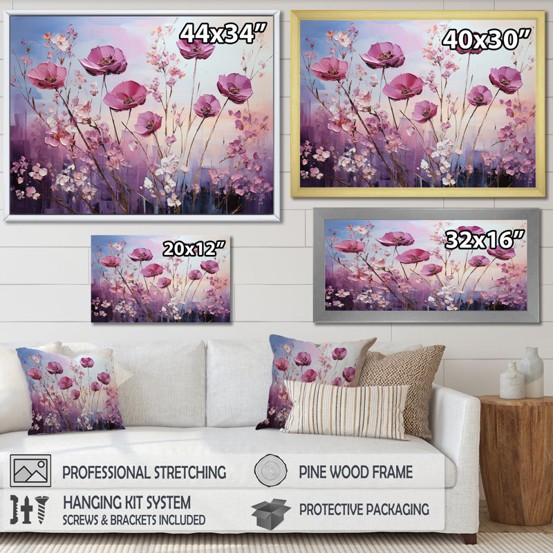 «Violet Flower Meadow Harmony II», reproduction sur toile, Cadre simple blanc, H 30 po x l 40 po x P 1,5 po