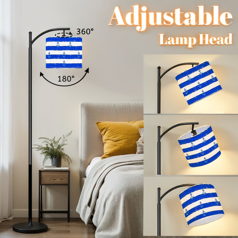 Lampe sur pied à arc avec abat-jour ajustable ancre bleue nautique rayé blanc sur pied côtier lampe sur pied 3 températures de couleur à intensité variable avec mât pour la chambre à coucher