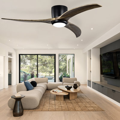 52" Flush Mount Solid Wood Blades Ceiling Fan with Lights Remote Control,Quiet DC Motor, 6 Speed ,Reversible Ceiling Fan for Patio Living Room, Bedroom, Office,Indoor.(Matte Black )