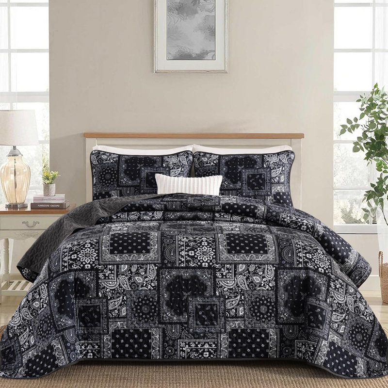 Ensemble de courtepointe 3 pièces à motif floral et motif cachemire Boho, Courtepointe pour très grand lit et 2 taies d'ore