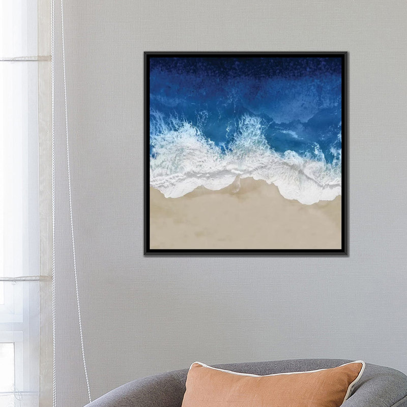 « indigo ocean vagues iv », impression sur toile, H 18 po x l 18 po x P 1,5 po, Toile avec cadre noir, Pas de tapis
