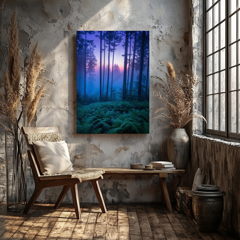 Toile, "Mystical Forest Scene At Twilight" mettant en vedette des arbres imposants avec art mural, Troncs élancés et feuillage dense