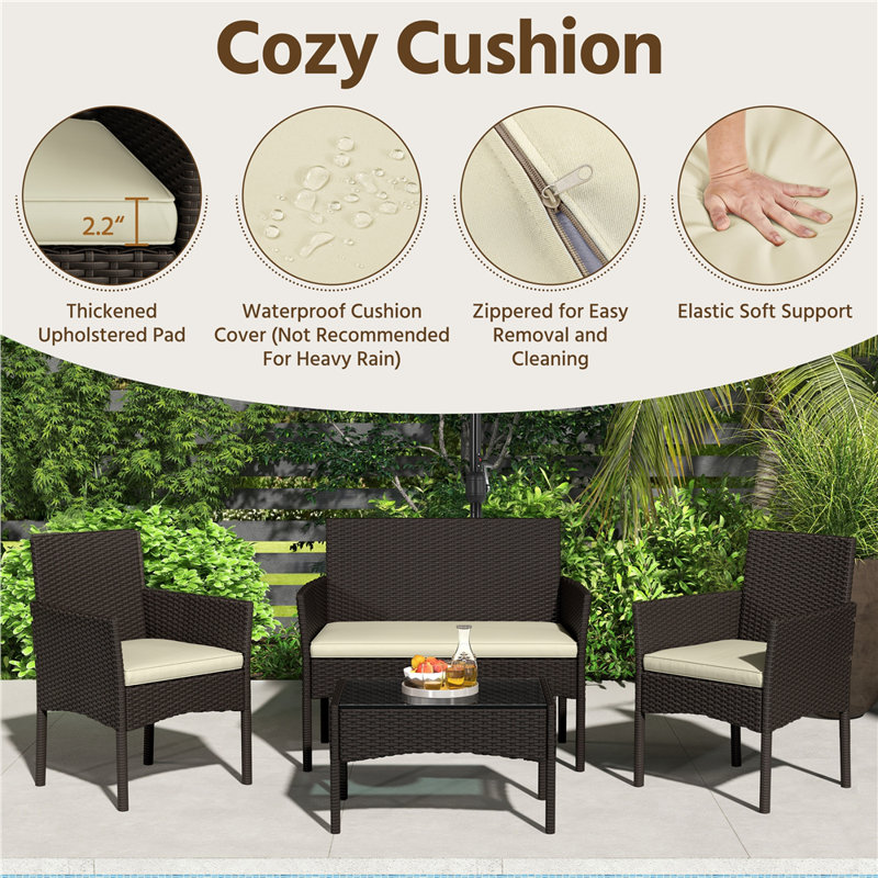 4 PCS Outdoor Reception Set Patio Rattan Sofa and Table Suite Outdoor Table with Tempered-Glass Tabletop, Brown, Beige