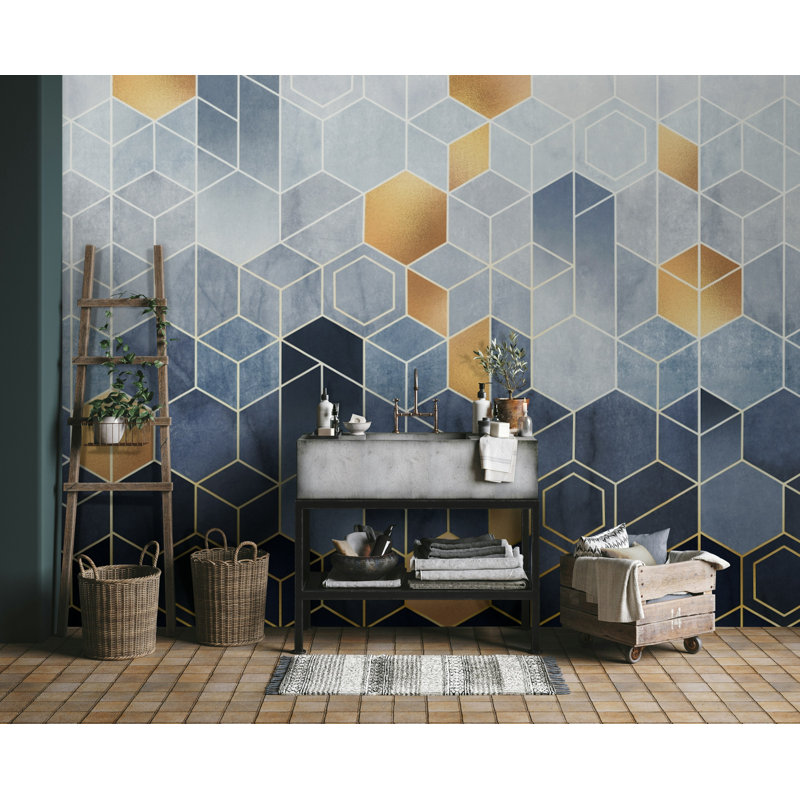 Papier peint géométrique hexagonal bleu marine, L 99,96 po x l 150 po