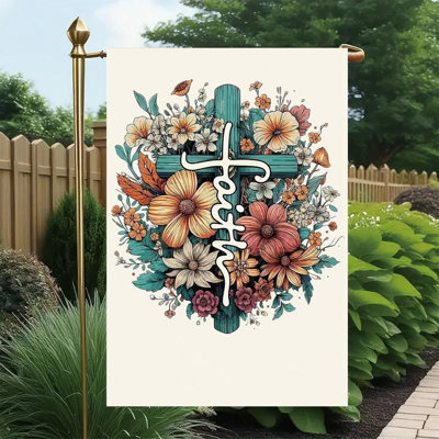 Drapeau floral avec croix, sarcelle 12 x 18 pouces (30 x 45 cm)