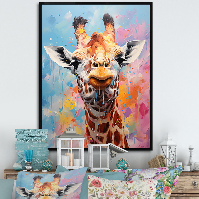 Popart Art, girafe multicolore Grace II sur toile, Cadre flottant noir, H 40 po x l 30 po