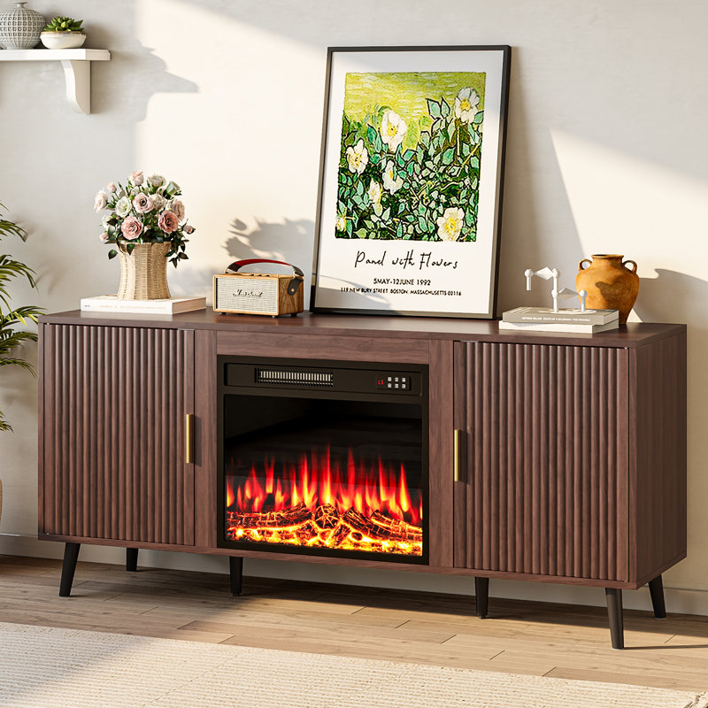 Midcentury Modern TV Stand with 23-Inch Fireplace, Brown