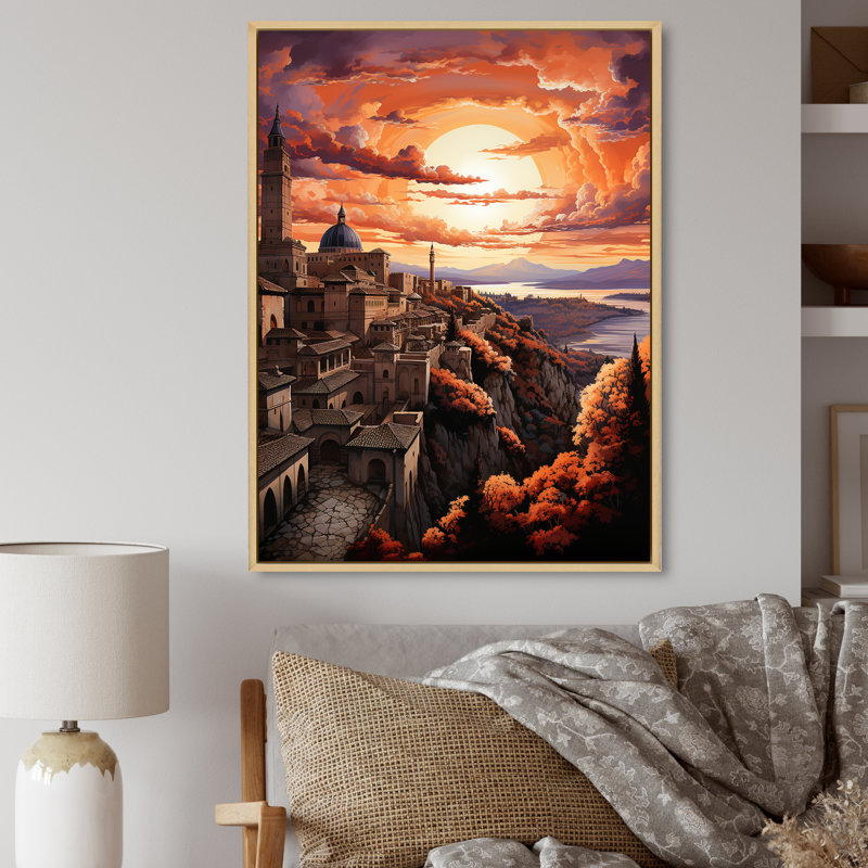 Espagne, coucher de soleil sur l'Alhambra II sur toile, H 20 po x l 12 po x P 1 po, Cadre flottant brun