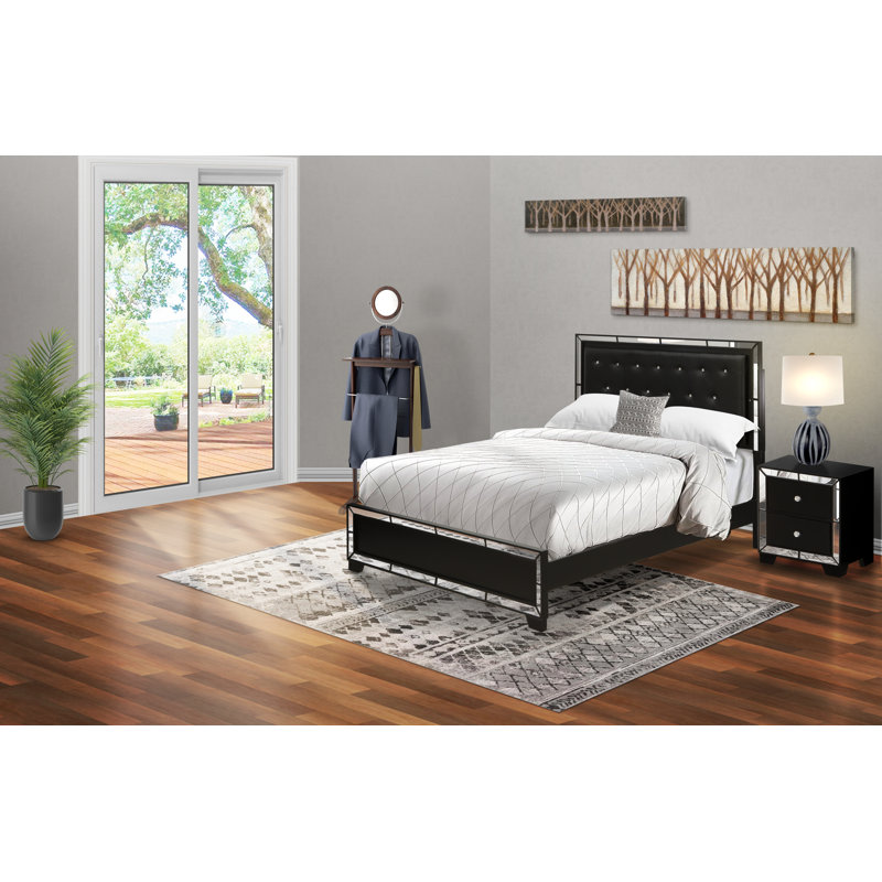 Ensemble de chambre à coucher en bois 2 pièces avec grand lit capitonné à boutons et petite table de chevet - tête de lit en similicuir noir et pieds noirs