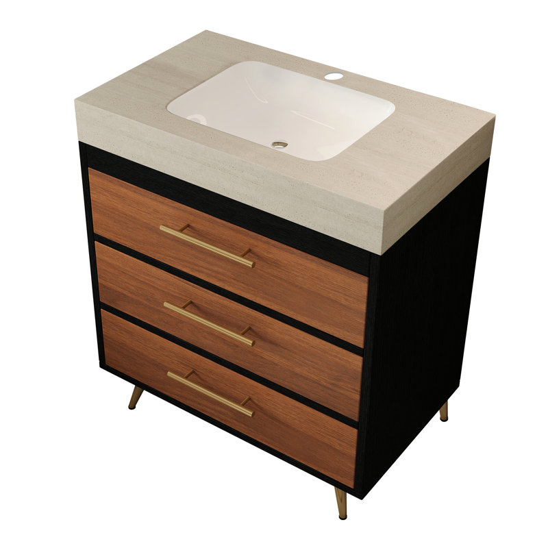 Meuble-lavabo de style Mid-Century de style moderne avec lavabo vasque en céramique intégré, plateau en pierre frittée teintée et compartiment inclinable pour une pierre à gratter minimaliste à récupération rapide, un drain réglable