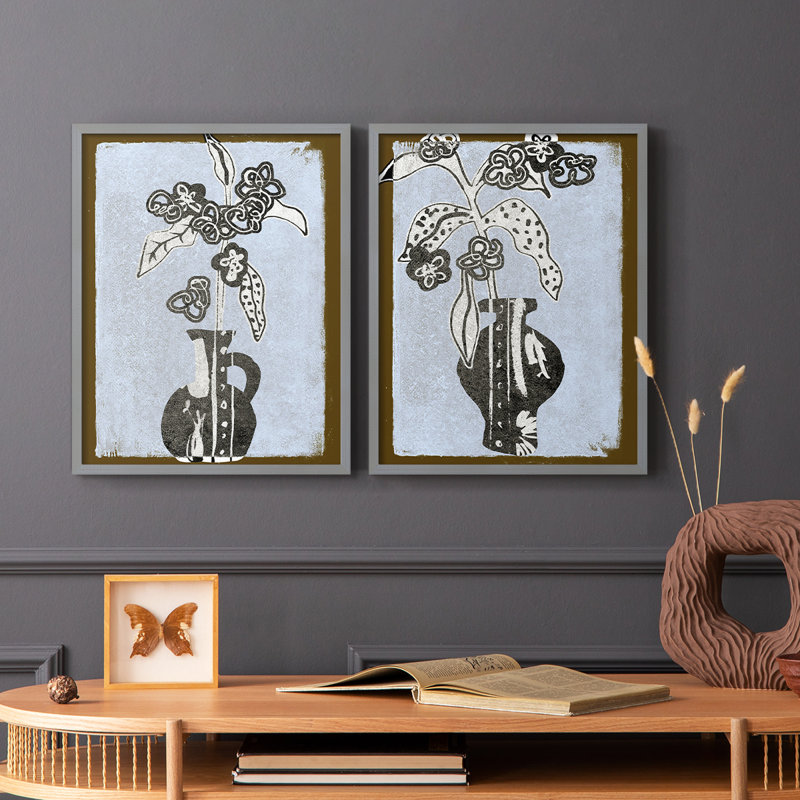 Fleurs graphiques dans un vase I - reproduction encadrée de qualité supérieure - prête à être accrochée - aucun clou requis - aucun clou requis