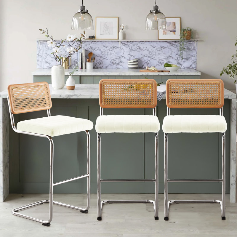 Tabouret de bar et de comptoir en velours Georgios, Velours blanc / cadre argenté