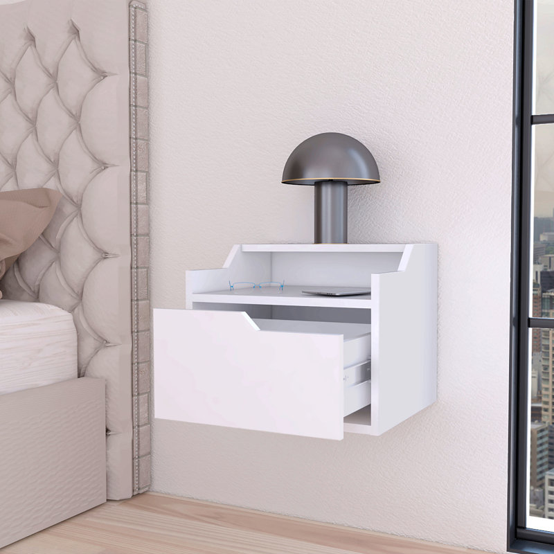 Table de chevet flottante avec tiroir et double tablette Florence, Blanc