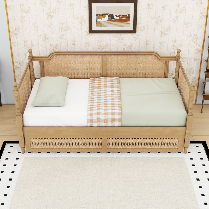 Wood Daybed with Trundle and Rattan Frame, Twin, Antique Walnut