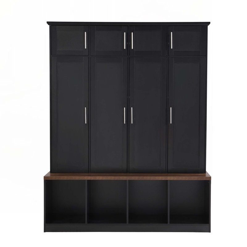 Hall Tree with 4 Hanging Hooks, Wood Grain Bench with Multiple Storage Space, Black