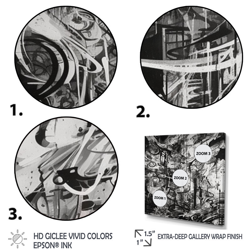Graffiti noir et blanc cosmique II - art mural abstrait géométrique, H 30 po x l 30 po x P 1 po, Cadre flottant doré