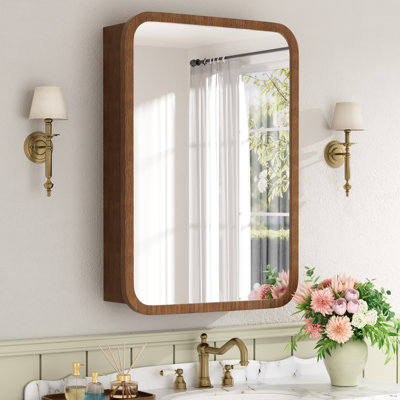 20" W X 28" H  W Modern Rounded Corner Wood Medicine Cabinet with Mirror, Adjustable Glass Shelves, Reversible Door, Surface or Recessed Mount, Fully Assembled