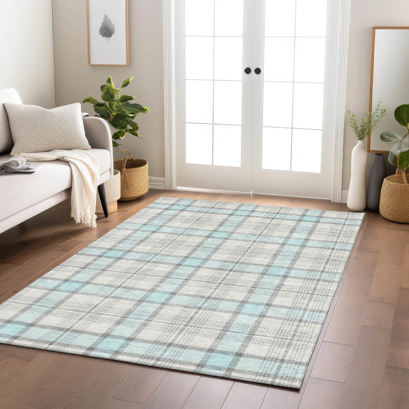 Sky Blue and Gray Synthetic Washable Plaid Area Rug