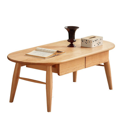 Table basse ovale en cerisier massif avec tiroir L 35 po x l 20 po x H 18 po Vintage - Finition grain de bois naturel pour le salon
