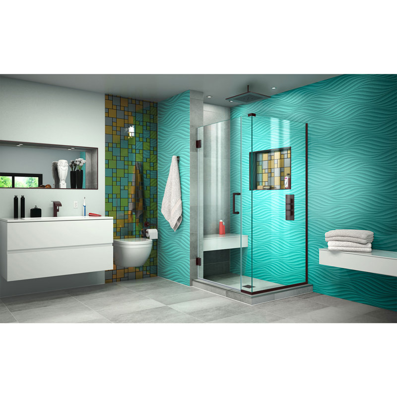 Unidoor Plus 29" W x 34.375" D x 72" H Frameless Pivot Rectangle Shower Enclosure with Fixed Panel, Oil Rubbed Bronze