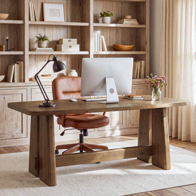 Solid Wood Executive Desk, 63" Farmhouse Home Office Desk, Rectangular Computer Desk with Thickened Tabletop for Home Study Room, Rustic Brown