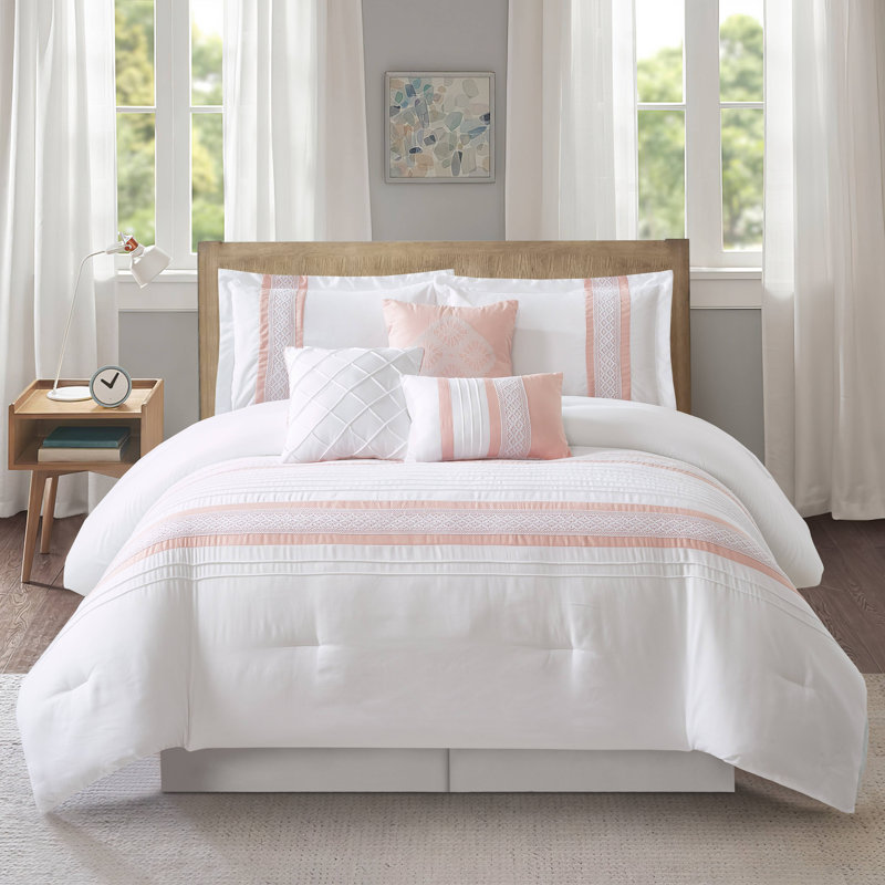 Durango 7 Piece Striped & Soft Comforter Set, Pink, Queen Comforter + 6 Additional Pieces