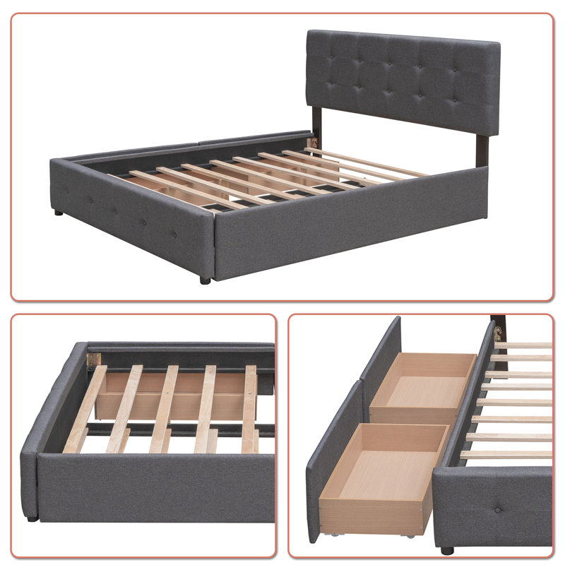 Modern Minimalist Upholstered Platform Bed With Two Drawers And A Hidden Pull-Out Bed, Dark Grey
