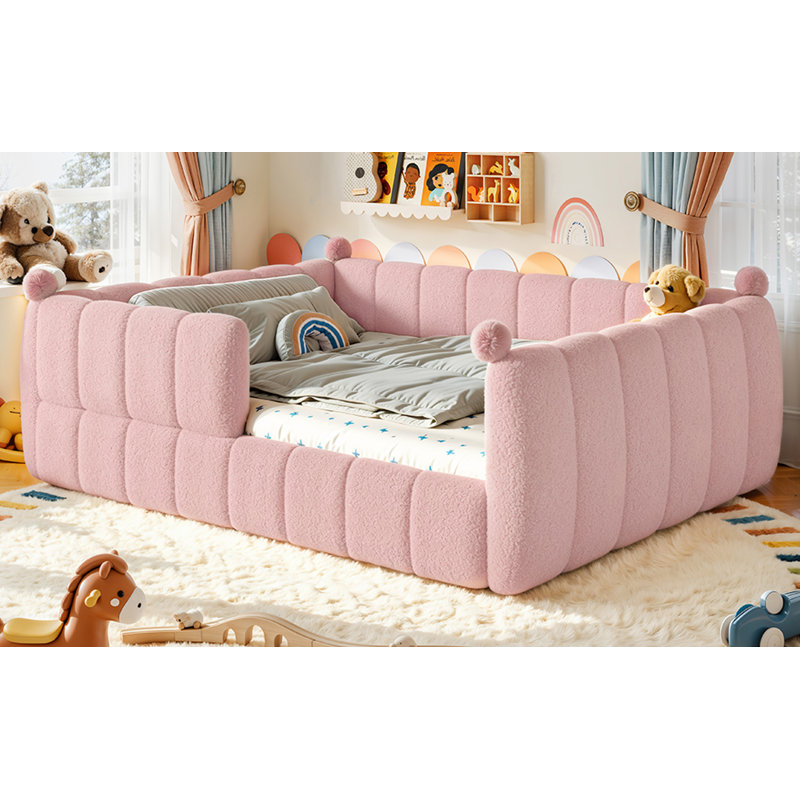 Lit simple tapissier de sol simple, lit de sol Montessori avec rails de sécurité, cadre de lit pour enfant surélevé et bas, rose
