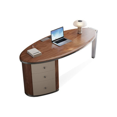 Bureau à 3 tiroirs brun noisette + bois massif ovale beige + métal