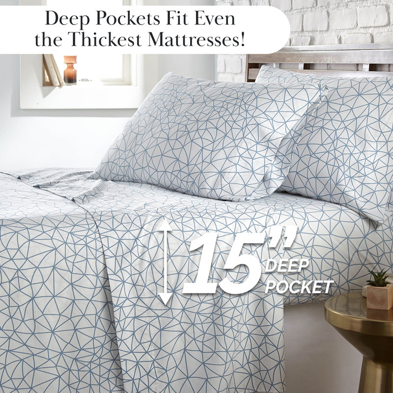 Southshore Fine Linens Geometric Maze Sheet Set in White and Blue, Double-Brushed Microfiber Geometric Print Bedding with 14-Inch Deep Pocket, 1 Flat Sheet, 1 Fitted Sheet and 1 Pillowcase, Twin