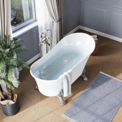 67" Freestanding Acrylic Clawfoot Tub, Heavy Duty Slipper Bathtub with Feet, Drain and Overflow, Gloss White Soaking Tub for Family or Guest Use