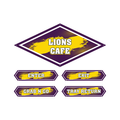AmTab - Serving-Décor-S02-C-EC - Serving Area Signage (5 pieces) - Style 2 - Lions
Café Sign: 24"W x 72"L
Enter Sign:  8.5"W x 36"L
Exit Sign:  8.5"W x 36"L
Grab N Go Sign:  8.5"W x 36"L
Tray Return Sign:  8.5"W x 36"L