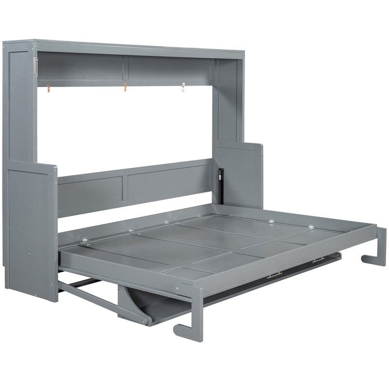 Queen Gray Wall Bed With Hydraulic Desk Hinges And Storage, Space - Saving For Small Apartments, Structure, Mattress Storage Option, 10 Inch Compatibility Size Lift Functionality, Spaces, 600 Lbs