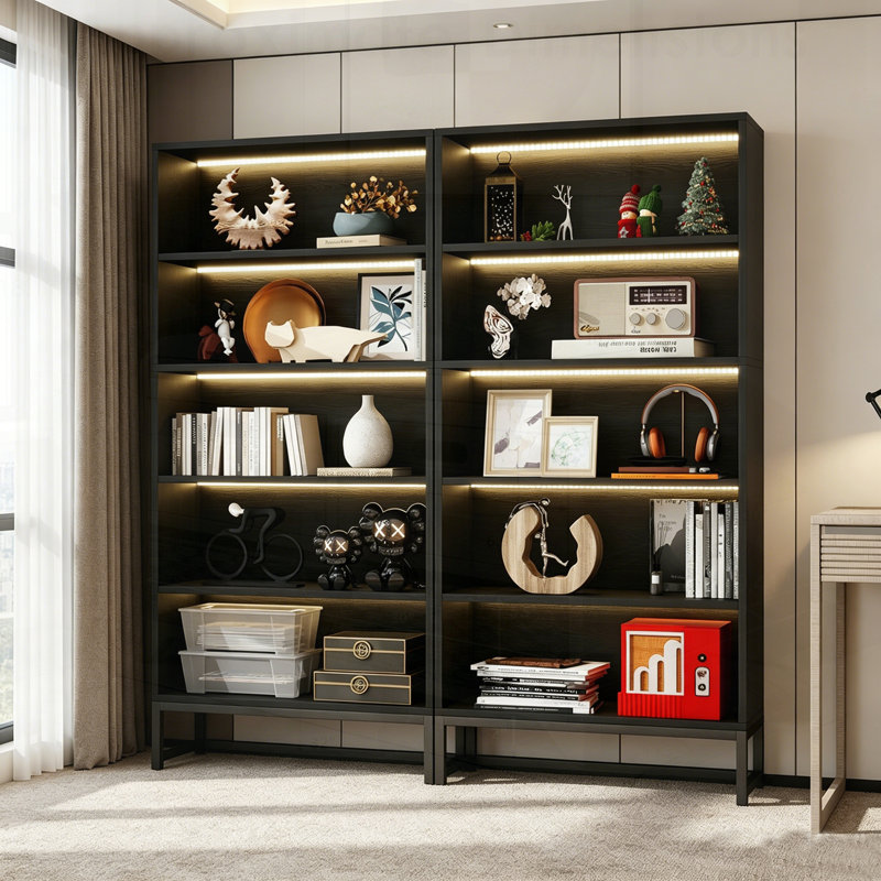Grande bibliothèque avec lumières DEL, rangement réglable à 5 niveaux, bois robuste pour le salon, la chambre à coucher et le bureau personnel