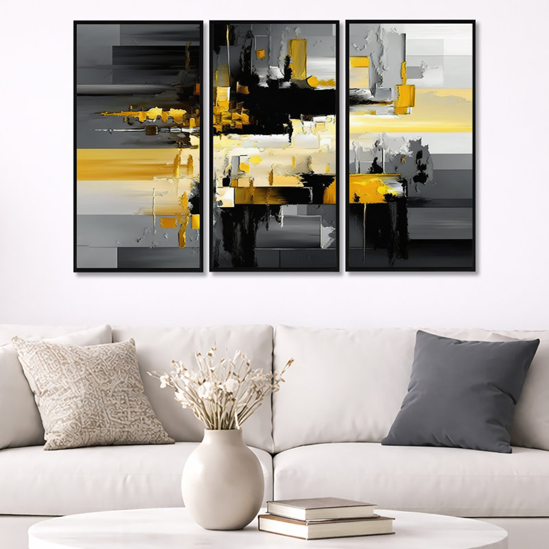 Abstrait géométrique noir et jaune en V - impression de 3 pièces, Cadre noir, L 48 po x H 32 po