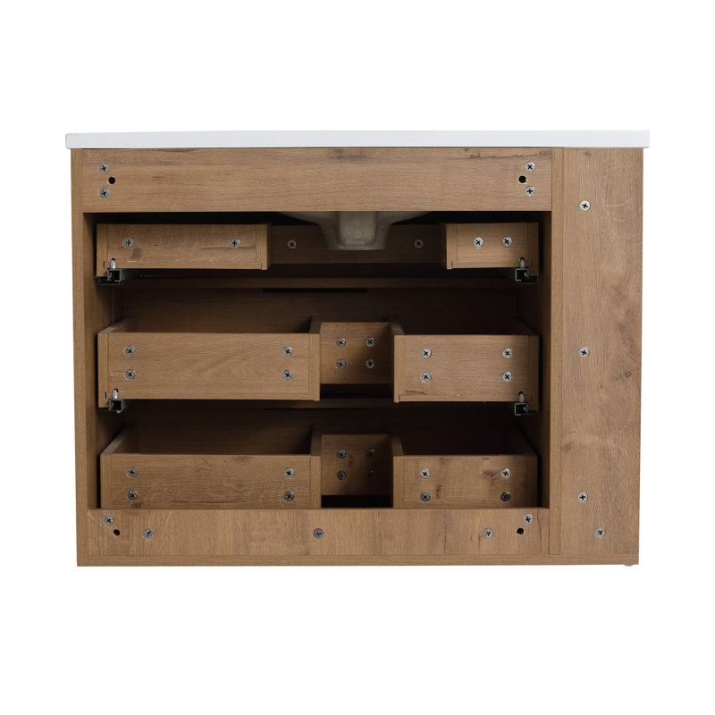 30 Inch Minimalist Style Wall Mounted Bathroom Vanity with Resin Sink with Side Shelves