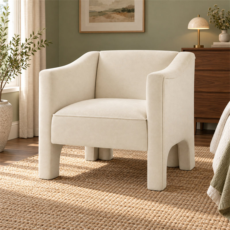 Fauteuil d'appoint moderne en forme de tonneau, fauteuil rembourré en chenille avec accoudoirs fermés, beige, Beige