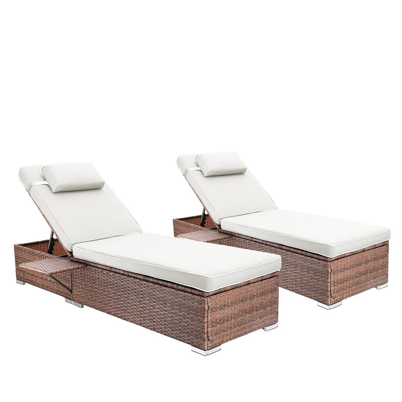 Outdoor Wicker Chaise Lounge Set Patio Reclining Chaise With Side Table And Cushions, Beige