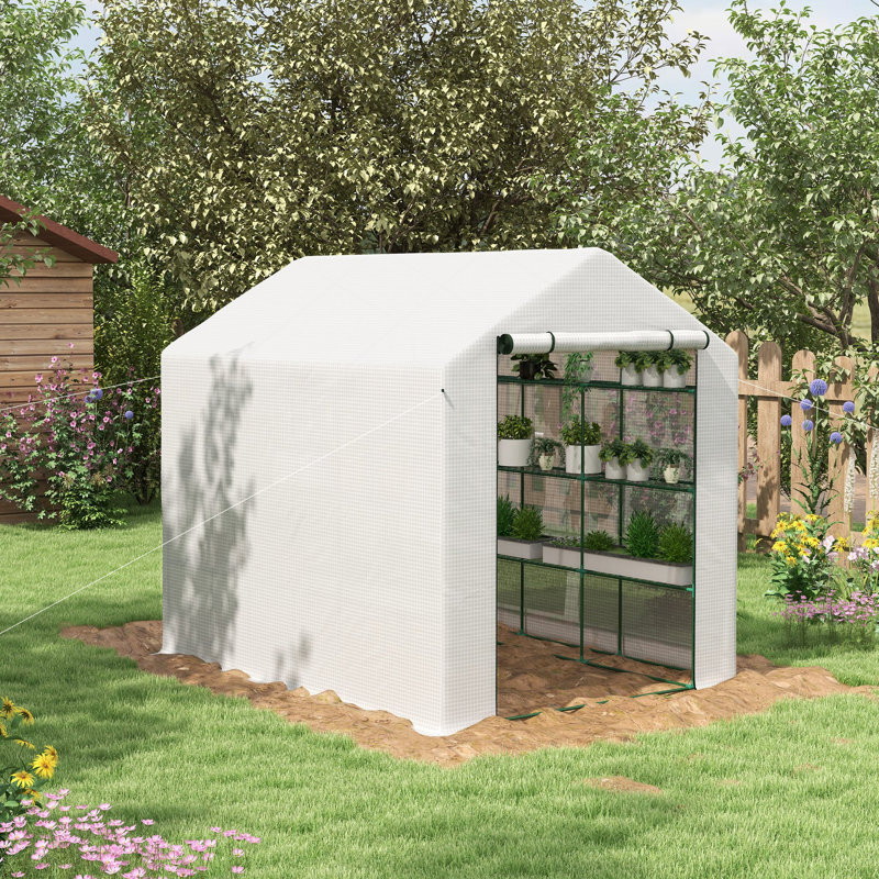 Outsunny Walk-In Greenhouse For Outdoors With Roll-Up Zipper Door, 7' H x 8' W x 6' D, White