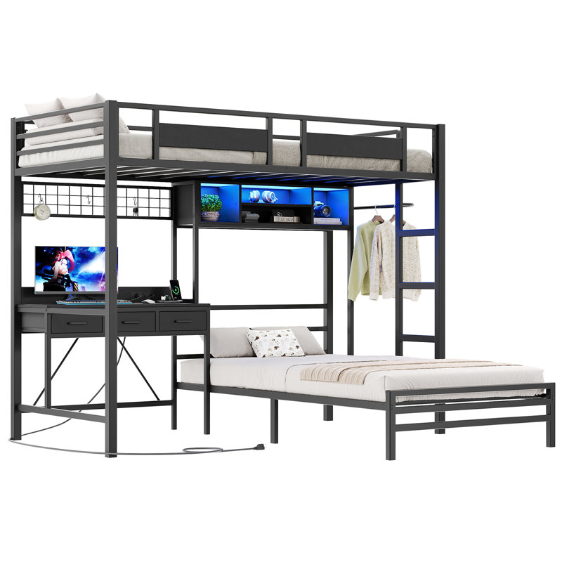 Lit superposé simple au-dessus d'un lit simple avec bureau, station de charge et lumières DEL Ozion