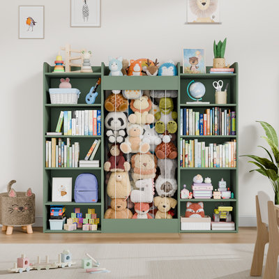 Bibliothèque pour enfants de 63 po de largeur avec rangement pour jouets, 12 armoires de rangement ouvertes avec rangement pour animaux en peluche, rangement pour livres pour salle de jeux, chambre d'enfant, salon (vert)