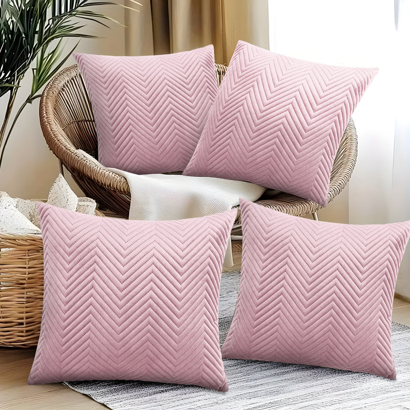 Embossed Quilted Pattern Velvet Cushion Cover (Set of 4), Pink