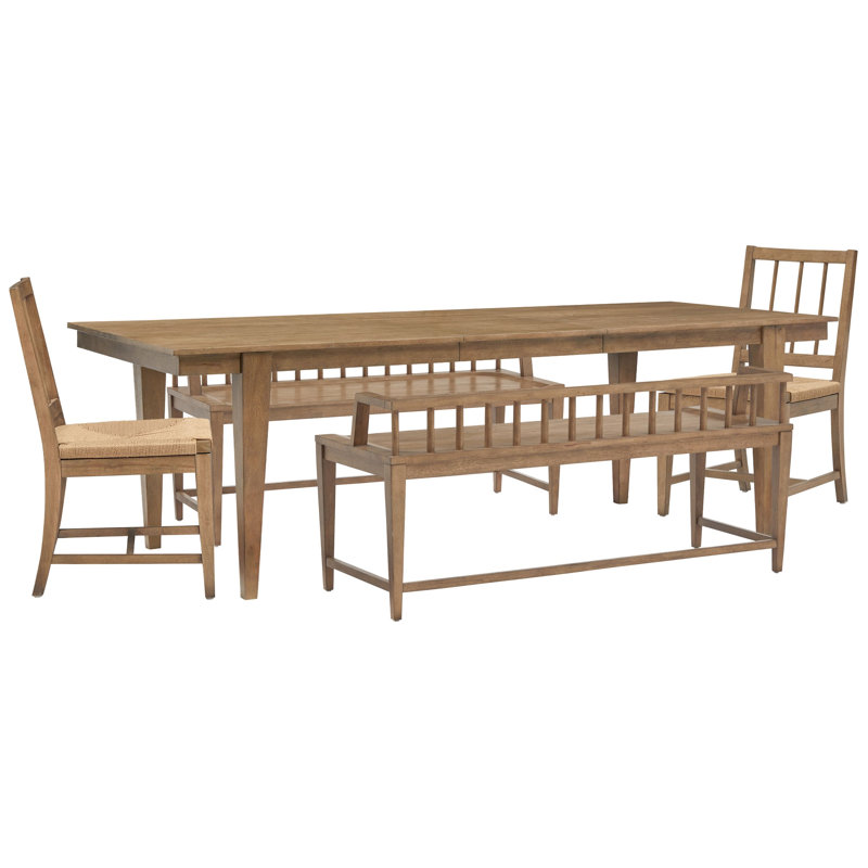 Extendable Rectangular Dining Table With 2 Arm Benches And 2 Paper Cord Side Chairs, 5 Pcs: Table, 2 Benches, 2 Chairs