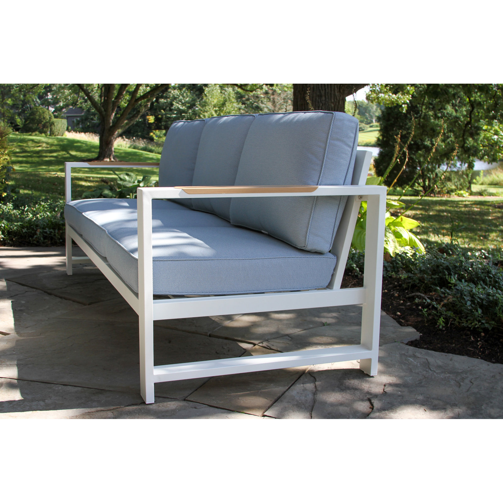 Jayton 8-Person Patio Seating Group, Blue Cushion/White Frame, 5 Pcs: Table, 2 Chairs, 2 Sofas