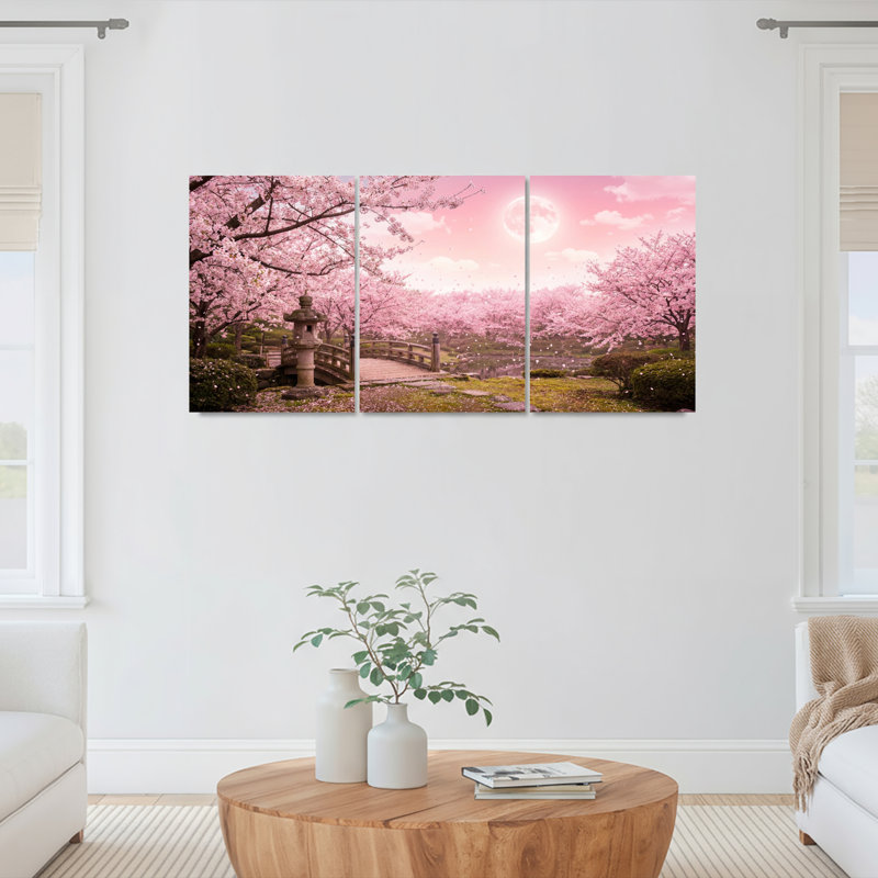 Ensemble de 3 tableaux sur toile représentant un jardin de cerisiers en fleurs, paysage japonais, H 36 po x l 72 po