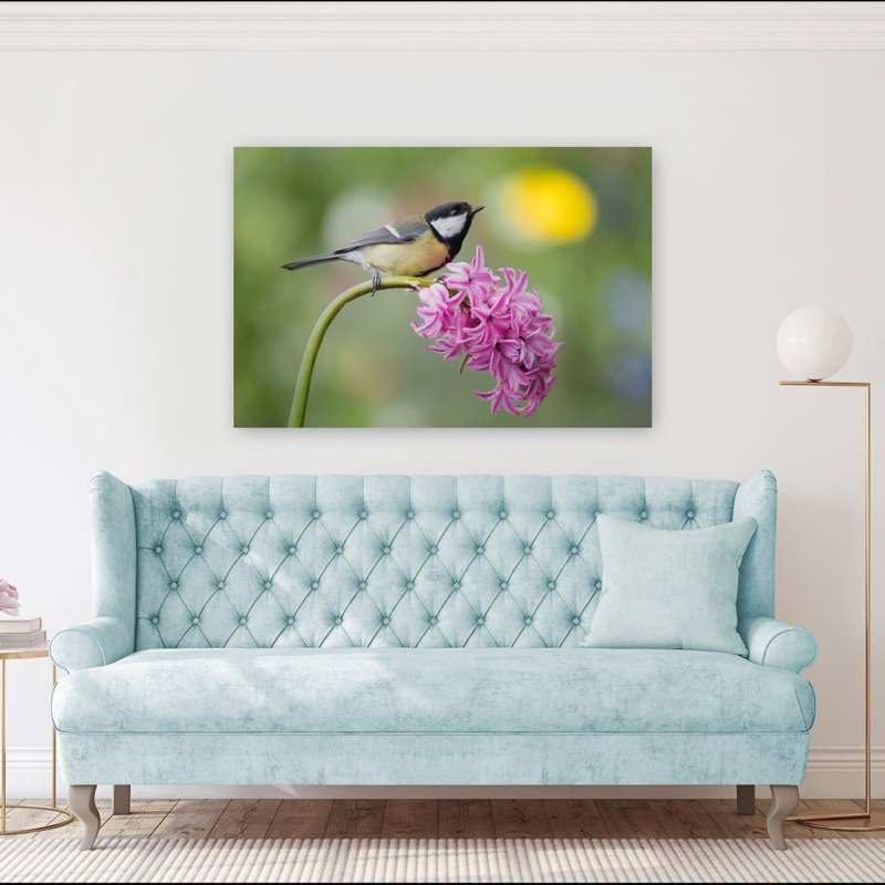 Mésange charbonnière sur jacinthe - Oiseau délicat et vibrant - Illustration murale nature, H 40 po x l 60 po