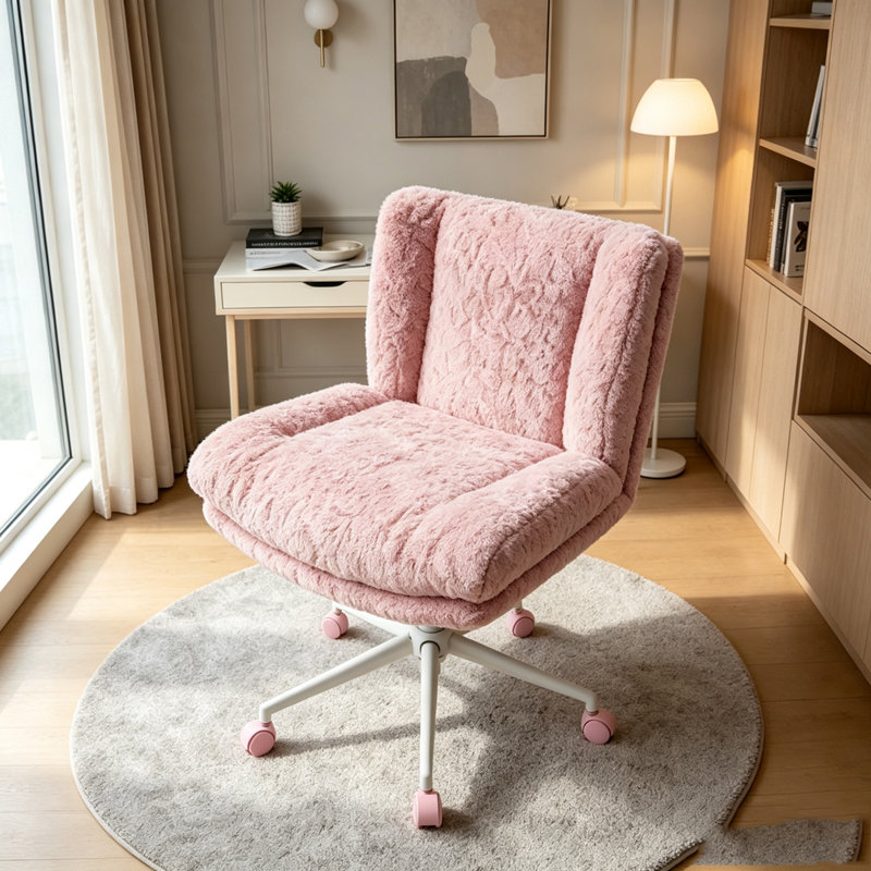 Chaise de bureau large avec faux tissu d'alpaga et coussin double, L 26,4 po - rose